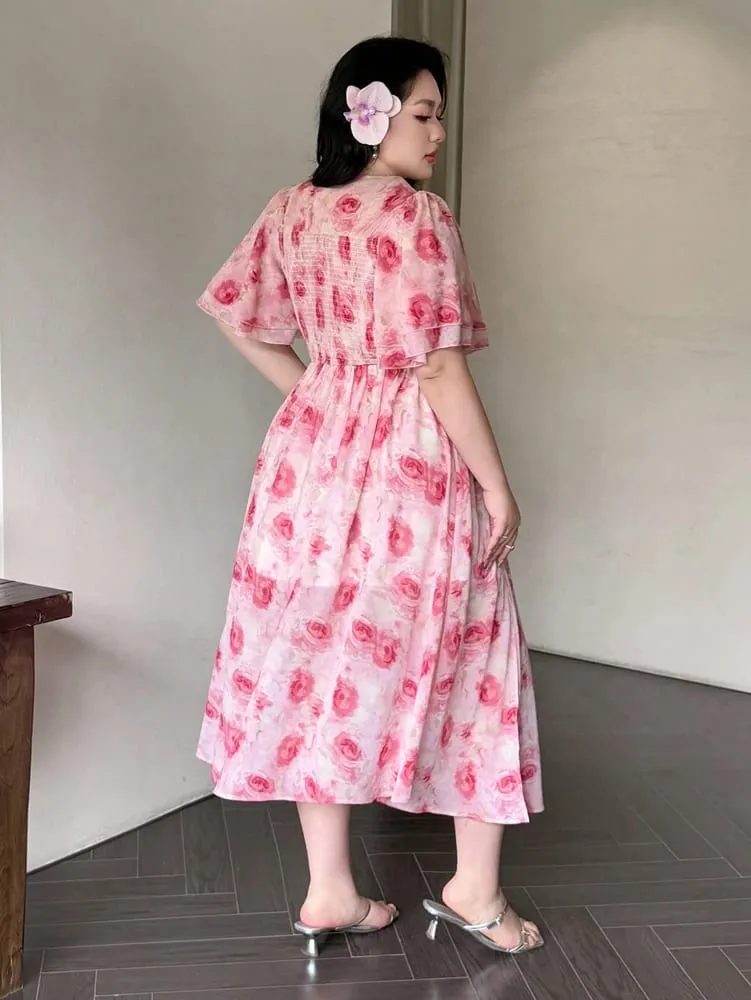 Plus-Size Spring/Summer Romantic Print Fitted Ruffled-Sleeve Slit Maxi Dress—Sweet Everyday Style Perfect for Dates