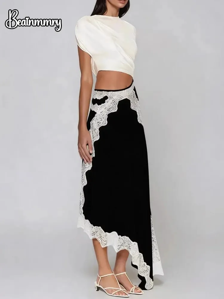 Lace Patchwork Cut Out Short-sleeve Twisted Tee Dress Color Block Gathered Lace Panel Maxi Dresses Women's Chic Daily Outfit
