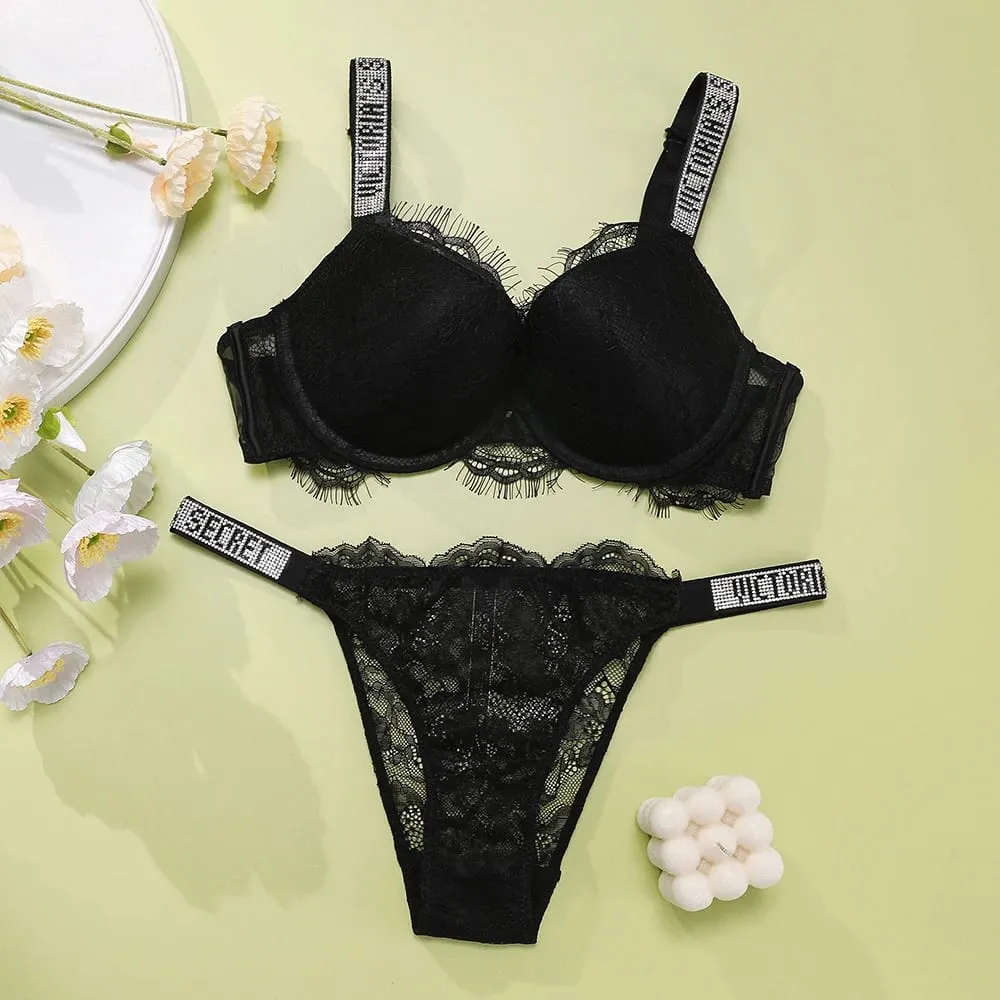 Victoria Secret Sexy Lingerie Set Very Sexy Eyelash Lace Fringe Trim Push Up Bra Shine Script Thong Panty Women