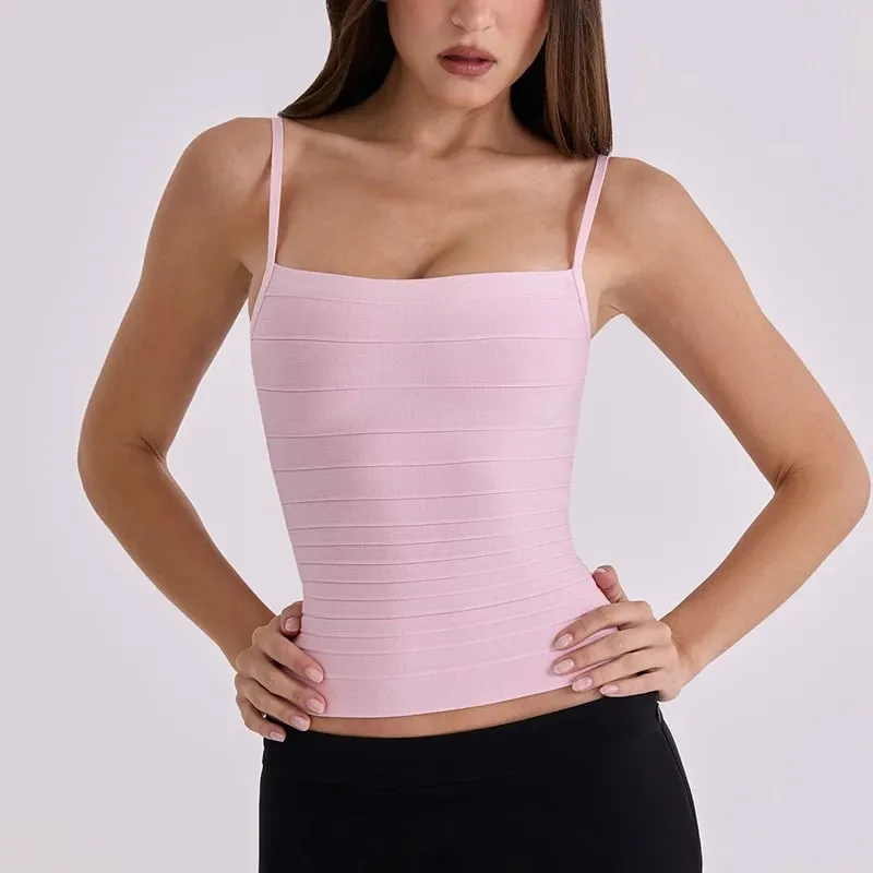 Women Summer Solid Color Bandage Camisole Slim Fit Square Neck Spaghetti Strap Ribbed Knit Cami Top