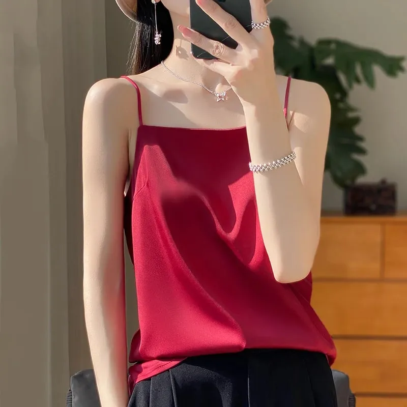 New Ice Silk Sexy Satin Strap Women's Spring/Summer Vest Solid Color Sleeveless Sexy Comfortable Silk Underwear Vest RW-D19