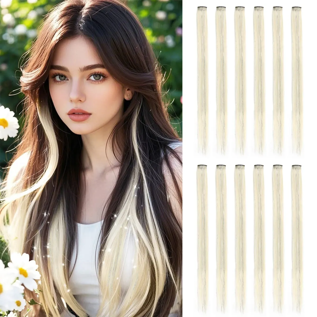 Synthetic Clip in Hair Extensions 12pcs/pack Clip in Colorful Hair Mixed Tinsels Glitter Hairpices for Women Girls Daily Party