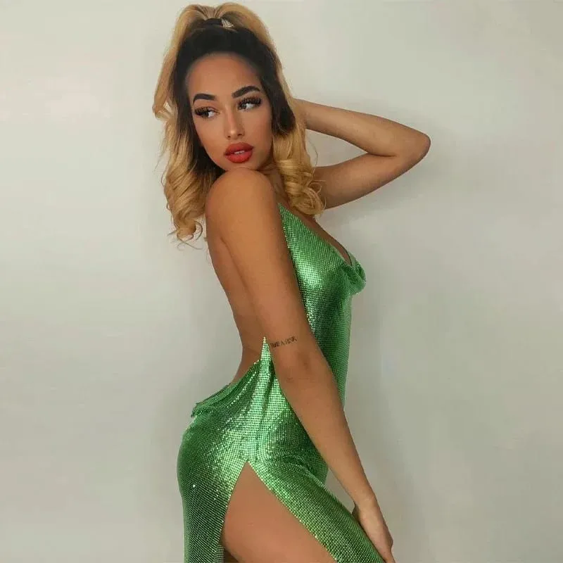 Sexy And Fashionable V Neck Metal Sequin Cami Dress Draped Swinging Collar Backless Mini Dress Women Party Girl Dance