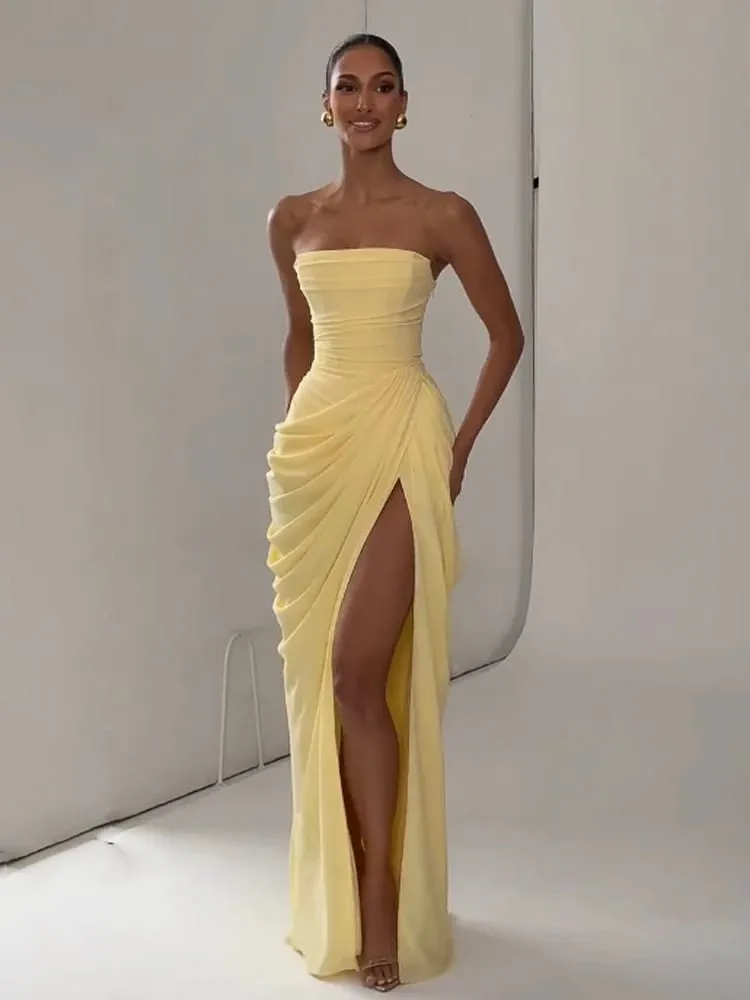 Women Sexy Solid Pleated Dress Lady Chic Off-shoulder Backless Strapless High Waist Split Dresses 2026 Summer Evening Party Gown