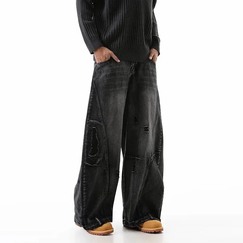 Korean Retro Plus Size Ripped Jeans Men'S Wide Leg Curved Pants Fashionable Casual Loose Straight Leg Pants