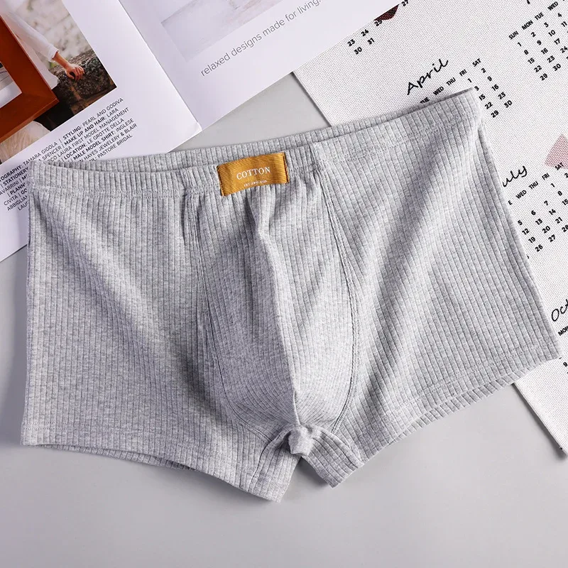 Soft Rib Cotton Underwear Men's Breathable Boxer Shorts Solid Mid Waist U Convex Underpants Male Arrow Shorts Homme Panties