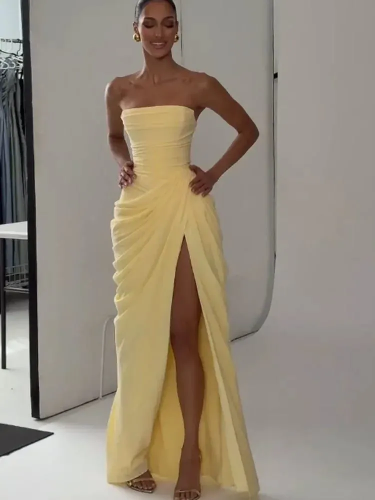 Elegant Yellow Strapless Pleated Dress Women Chic Sleeveless Waist Cinching Split Maxi Gowns Lady Evening Party Dresses 2026 New — image 2
