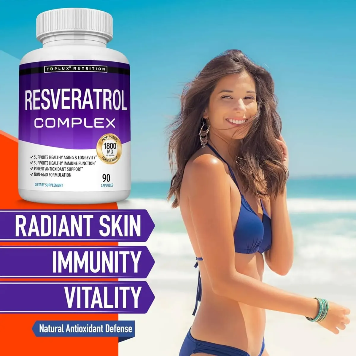 Resveratrol Complex - Trans Resveratrol Supplement with Grape Seed - Promote healthy aging immune system brain functio 90 pill