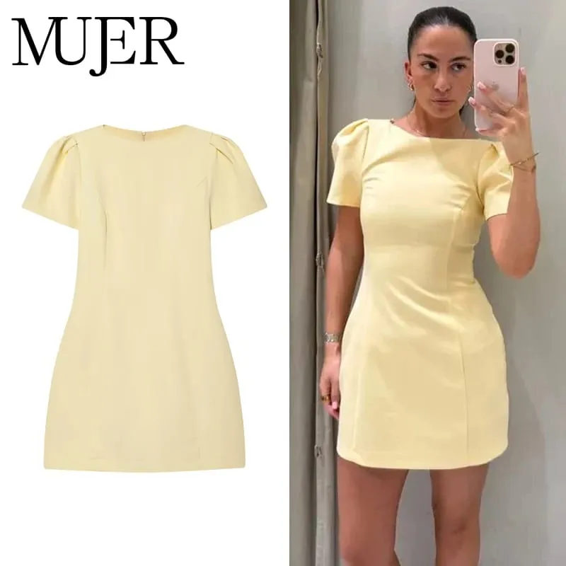 2026 Pleated Short Dresses for Women Yellow Holiday Women's Dresses Elegant Party Dresses Woman Short Sleeve Formal Dress