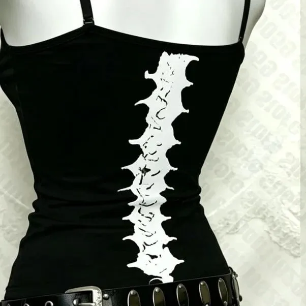 Y2K Gothic Alt Sleeveless Crop Top Vintage Grunge Skeleton Front Back Graphic Slim Women Skeleton Ribcage Spine Cami Tank Tops