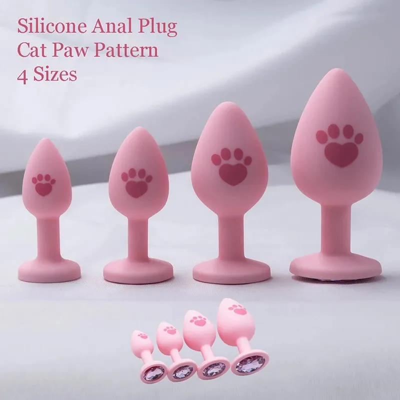 Pink Silicone Anal Plug for Woman 4 Sizes Cat Paw Pattern Smooth Surface Butt Plug Crystal Base Sex Toys For Woman Anal Dildo