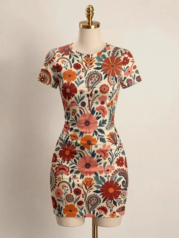 Womens Short Sleeve Bodycon Mini Dress Slim Fit Crew Neck Floral Print Casual Summer Party Cute Stretch Trendy Vacation Sundress