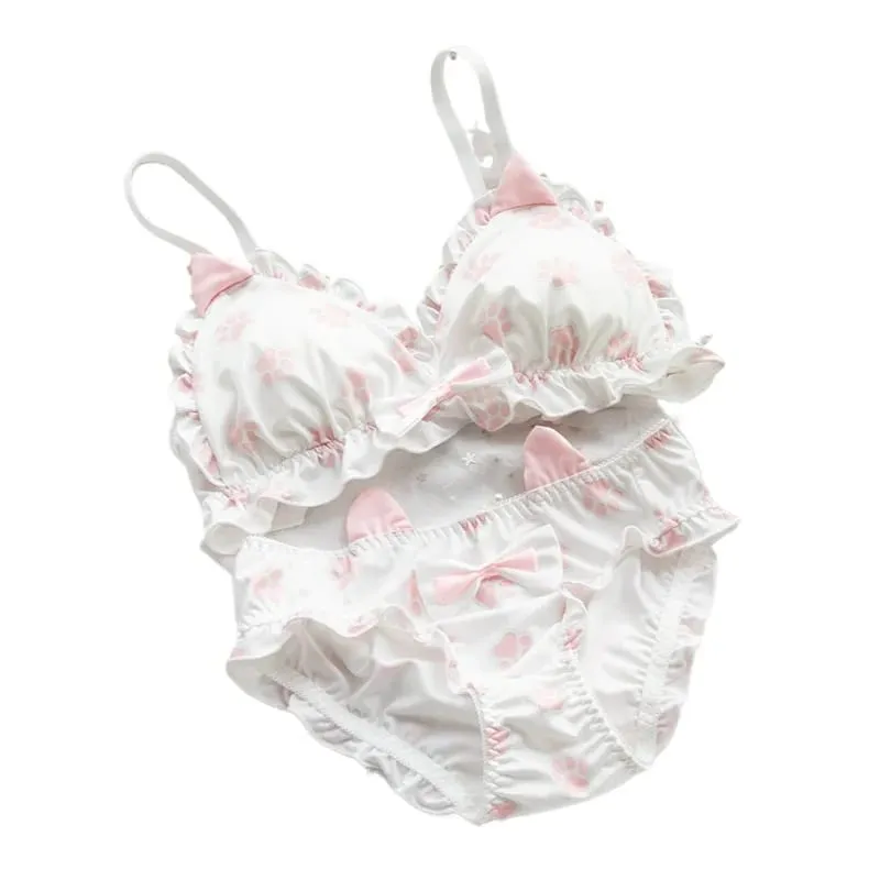 Conjunto de sutiã japonês macio para meninas, design de pata de gatinho fofo, tecido de seda de leite, copo triangular sem fio, lingerie feminina