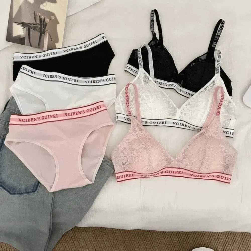 Confortável carta design lingerie conjunto profundo v sem fio roupa interior feminina terno cor bloqueando sutiã de renda calcinha conjunto feminino