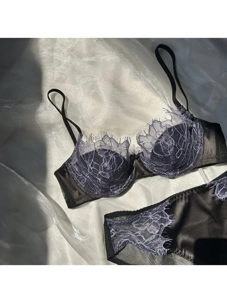 French Eyelash Lace Sexy Hollow Underwear Women's Soft Steel Rim Thin Gather Up Support Women's Bra Bra Set s-xl — image 1