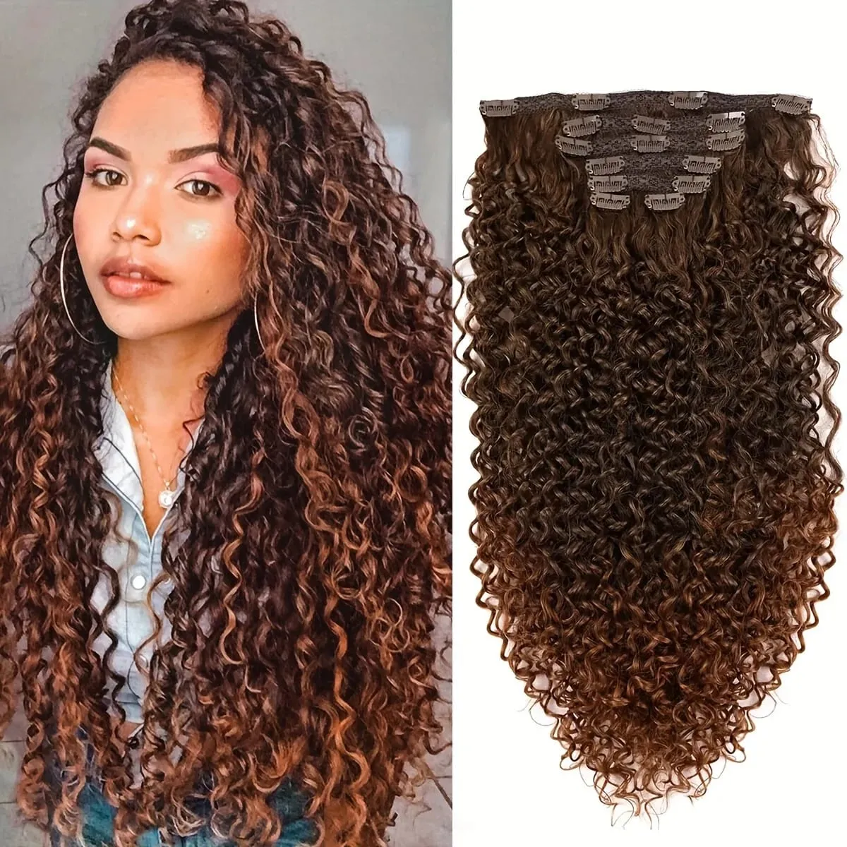 Synthetic Curly Clip in Hair Extensions Kinky Curly Hairpieces Clip on Full Head Fake Pieces Black Brown Hair for Women
