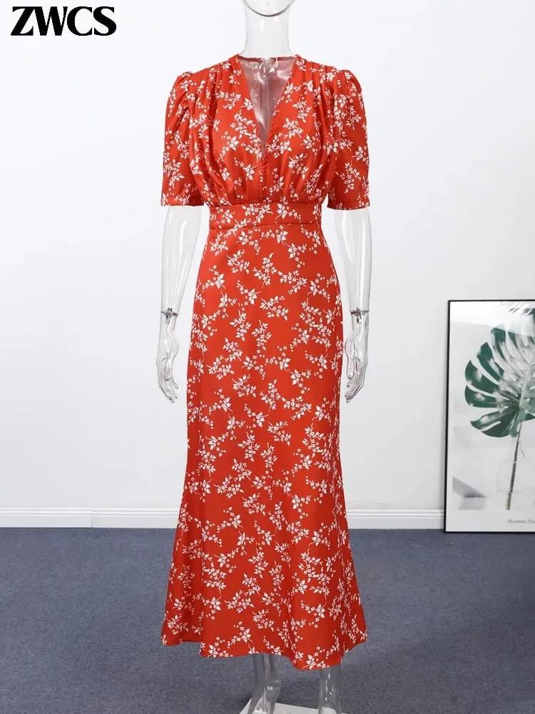 Sexy Deep V-neck Women's Floral Print Dresses 2026 Summer Elegant Waist-cinching Short Sleeve Pleated Long Robes Ladies Dress