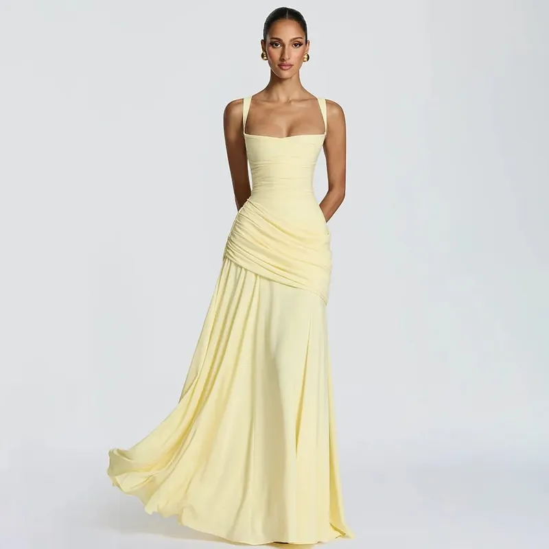 Sexy Solid Pleated Sling Dress Women Elegant Square Neck Sleeveless Waist-cinching Maxi Dresses 2026 New Summer Lady Party Robe — image 8
