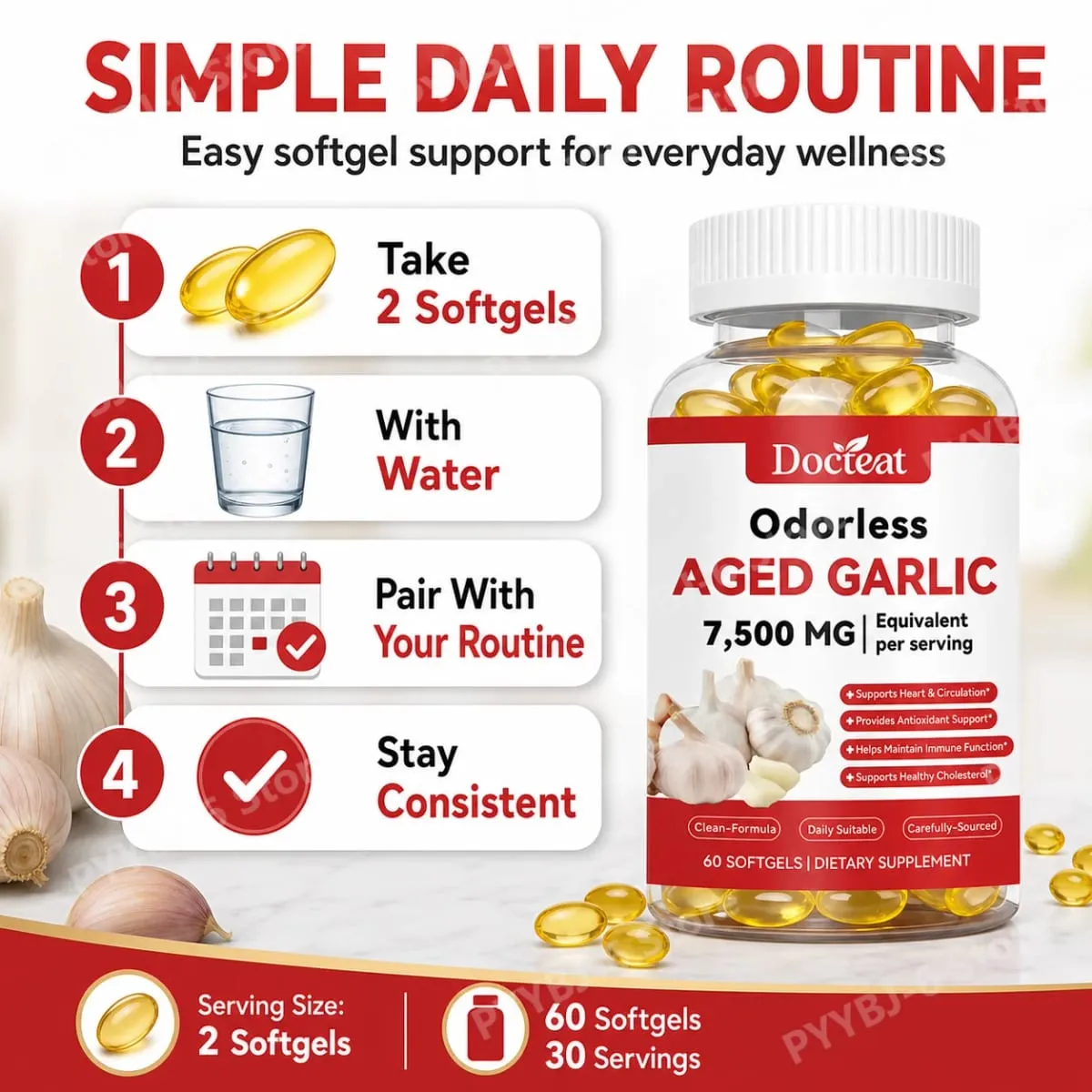 Odorless Aged Garlic Extract 7500mg เทียบเท่า 60 ซอฟท์เจล - ระบบภูมิคุ้มกันสุขภาพหัวใจอาหารเสริมสารต้านอนุมูลอิสระสำหรับผู้ใหญ่