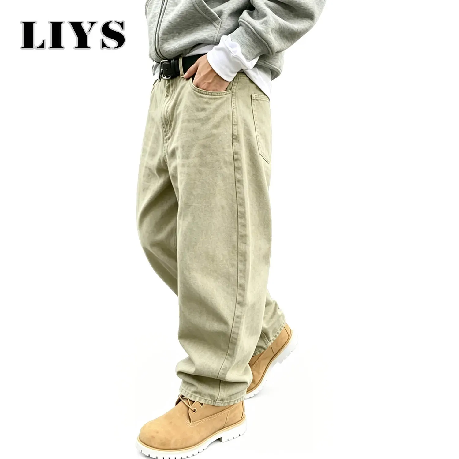 Men's American Retro Light Khaki Wide Leg Curved Jeans Loose Straight Tube Washed Work Pants High Street Fashion Versatile