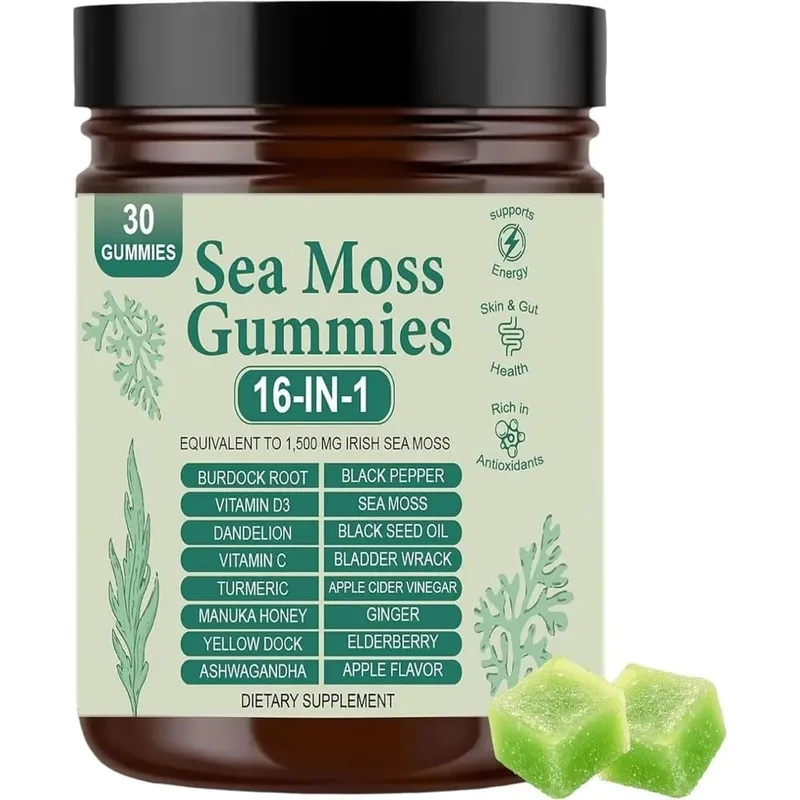 Irish Sea Moss Gummies 1500mg Equivalent 16 in 1 Botanical Blend Apple Flavor Daily Wellness Supplement 30 Count
