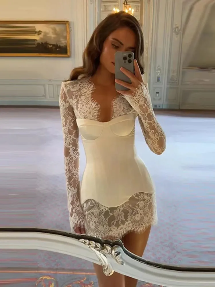 Sexy Corset Lace Dress Suit Strapless Fishbone Tops Slim Waist Long Sleeve Mini Dresses 2026 Summer New Lady Party Two Piece Set