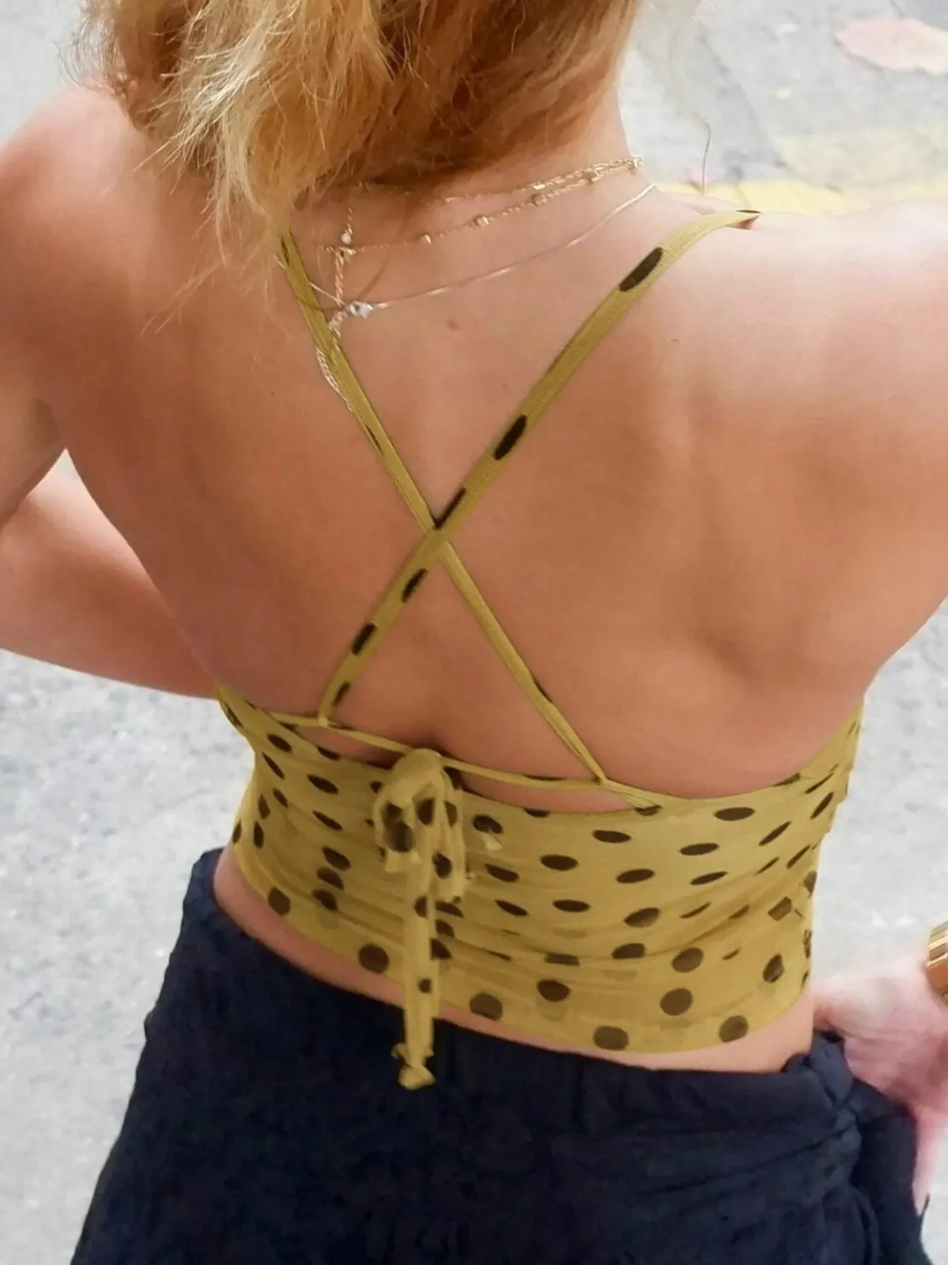 Hugcitar Spot Print V Neck Slips Backless Lace Up Sexy See Through Slim Crop Tank Top Women Fashion Outfit Vacation Party Club