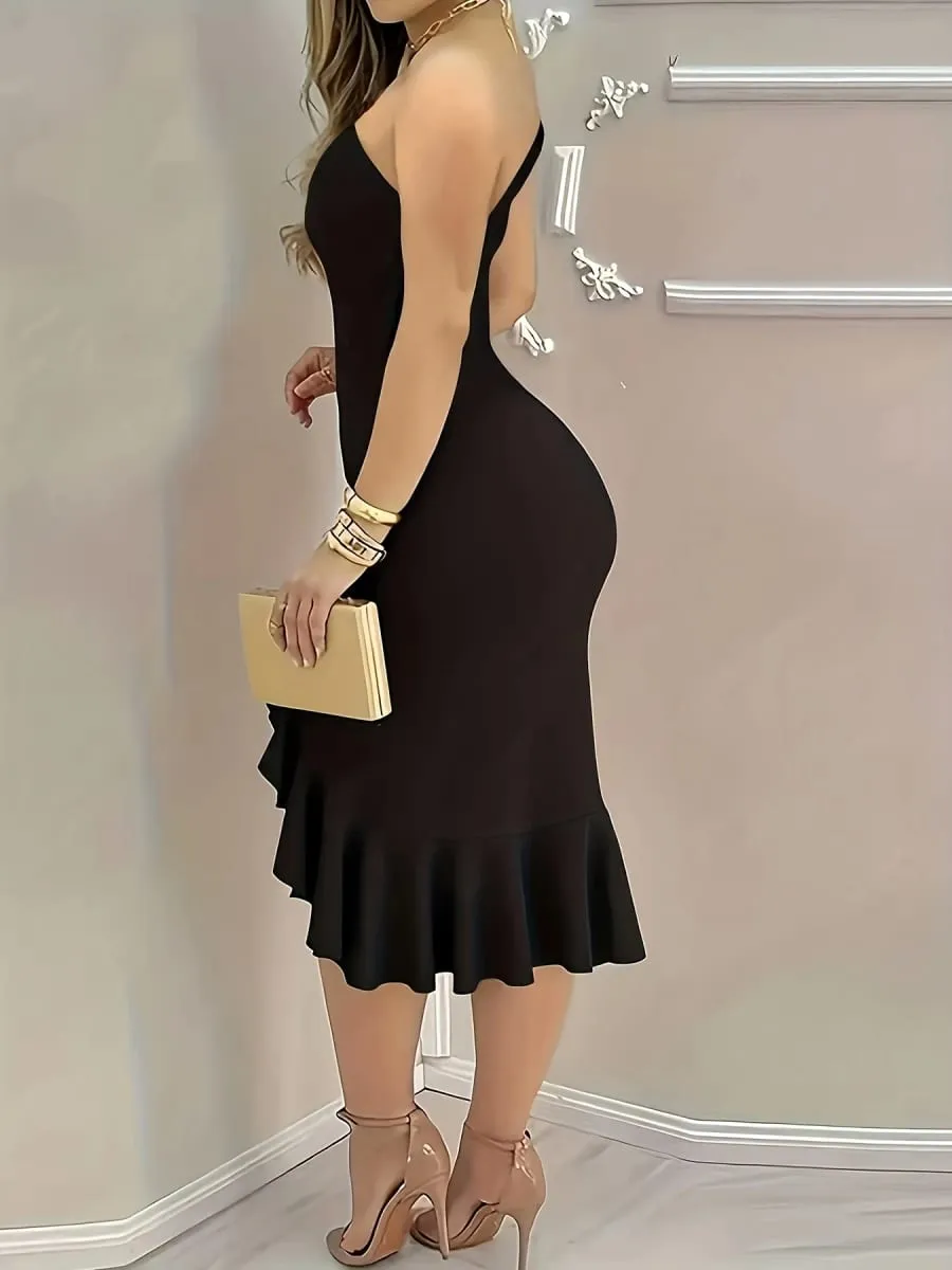 Ladies Asymmetrical Hemline Sleeveless Backless Gown with Ruffle Detail Spring Summer Shoulder Bared Asymmetric Skirt Dress