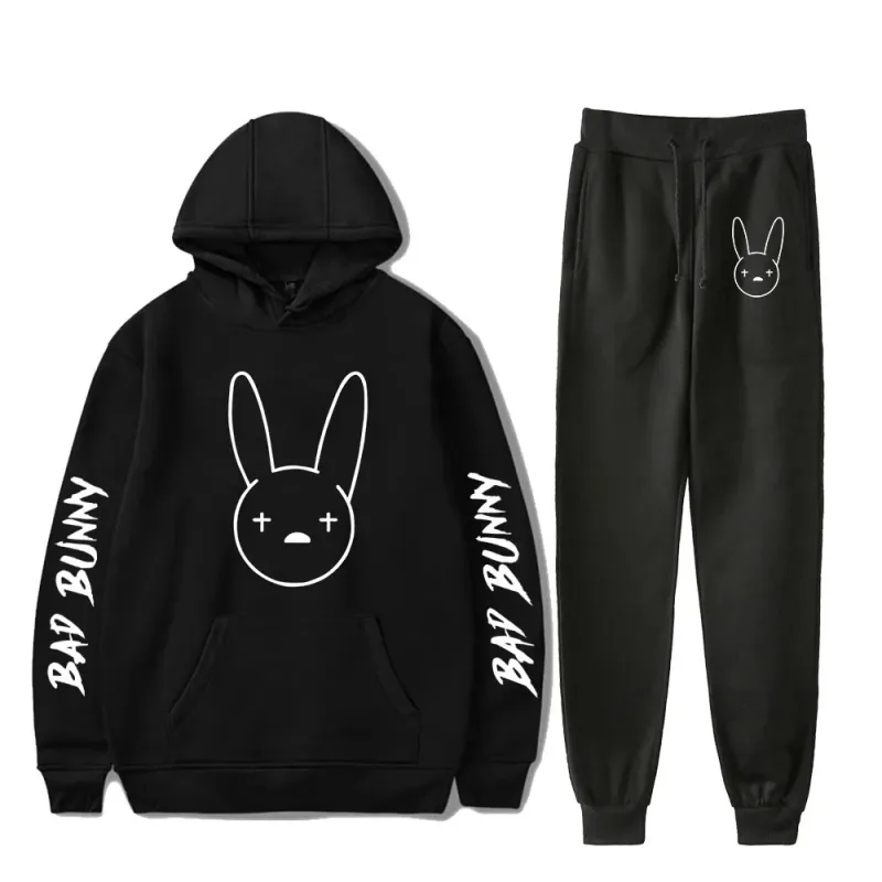 Harajuku Comfortable Funny bad bunny Print Sweatshirt Sweatpants Suit Men/Women Hoodies+ Trousers Suit Cute 2 Piece Set Clothes