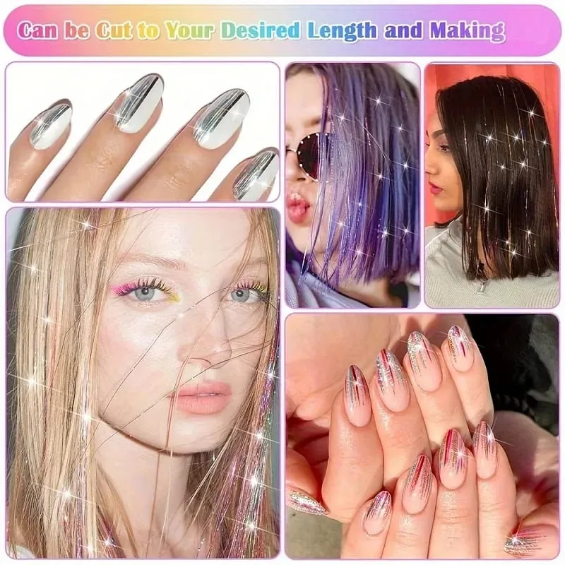 90cm Synthetic 3pcs/set Rainbow Colored Shiny Hair Laser Tinsel Long Straight Heat-Resistant Fairy Hair Extensions Party Daily