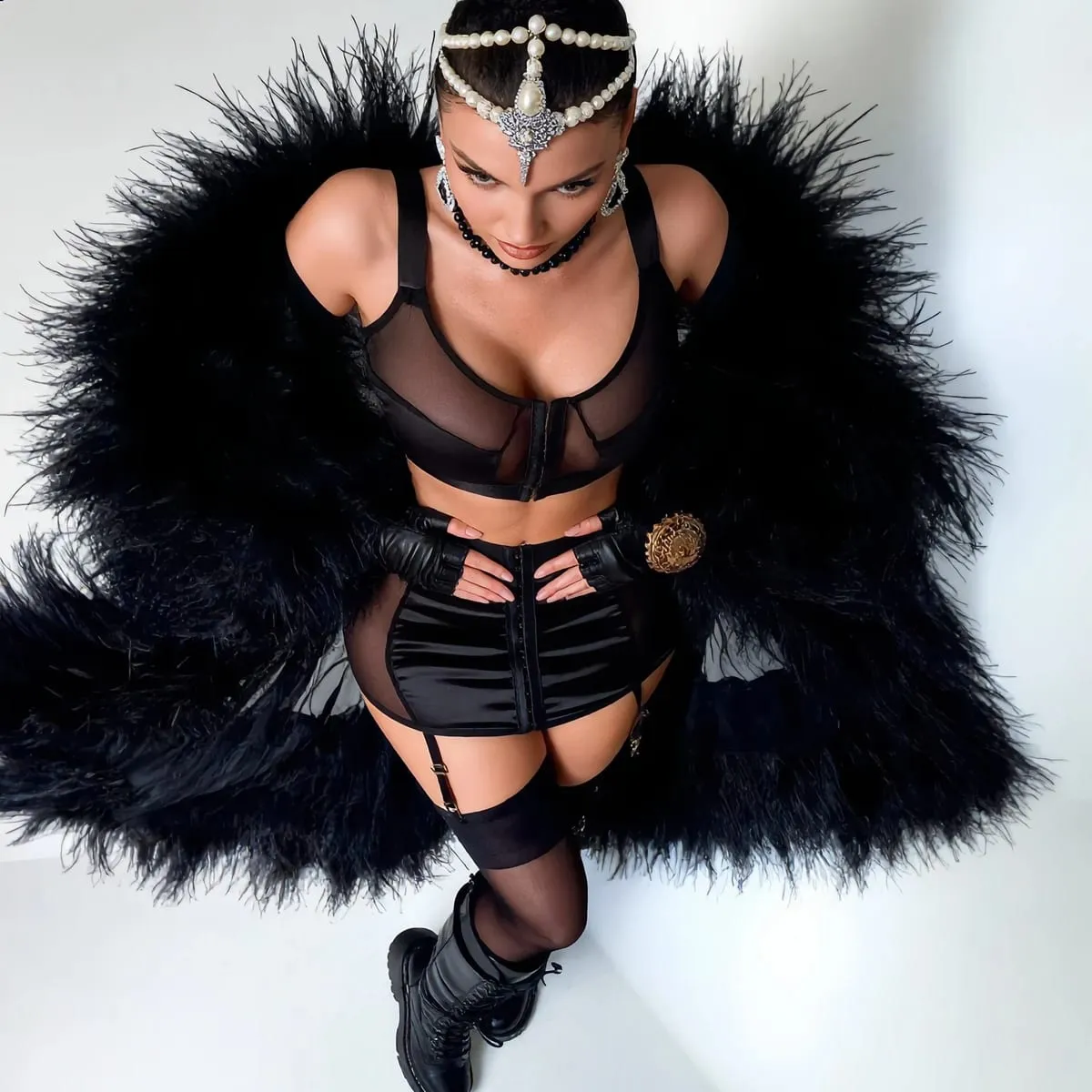 Diccvicc Black Satin Mesh Lingerie Set with Skirt Garter Belt Front Hook Crop Top Bra Lace Up Corset Back 3 Pieces Teddy Outfits