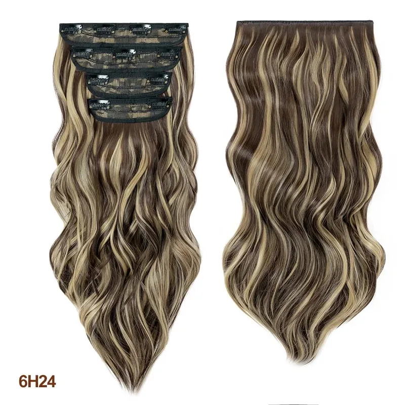 4 Pieces Set Clip In Hair Extensions Highlight Wavy Curly Long Synthetic Hairpieces For Women 22 Inch 180g Hair Clips Hair