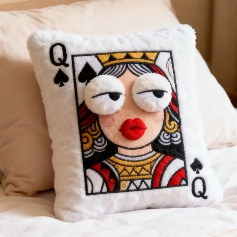 Patchwork Style Poker Card Cushion High-Value Design Card Game Theme Embroidered Pillow 3D Big Eyes Plush Cushion Gift Giving