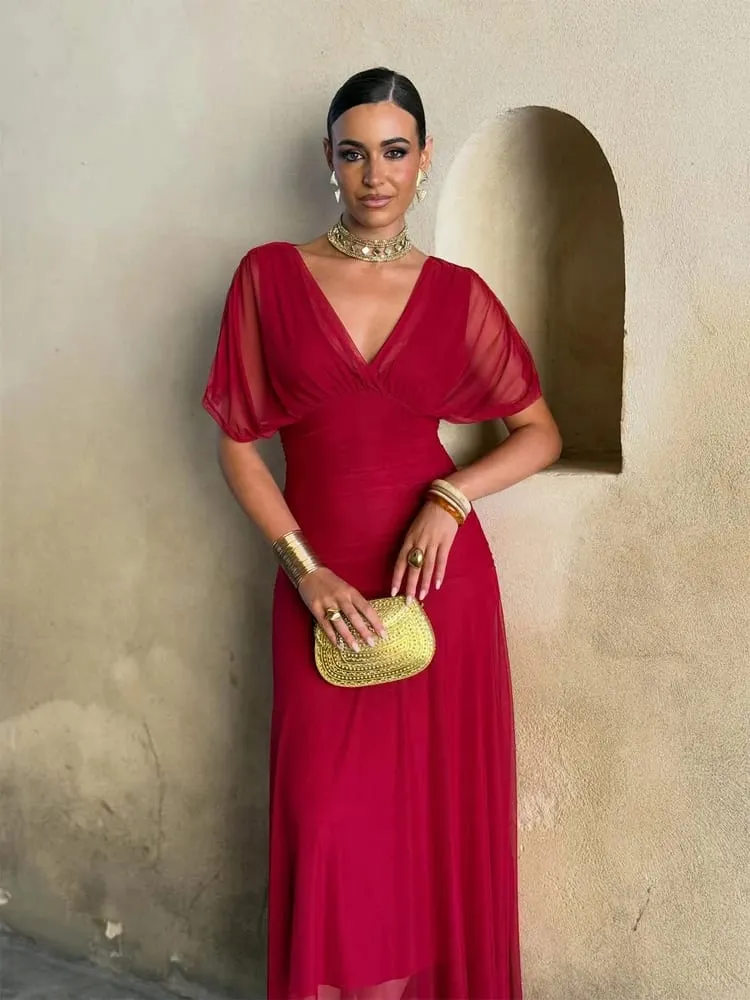 Women Solid Deep V-neck Mesh Long Dress Elegant Puff Short Sleeve Ruched Waist High Vestidos 2026 Summer Lady Casual Street Robe