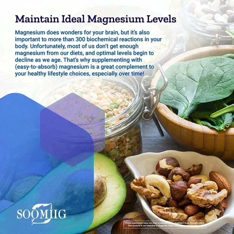 Soomiig Magnesium L-Threonate - Promotes Brain Health Enhances Memory Concentration & Cognition Boosts Nerve Energy