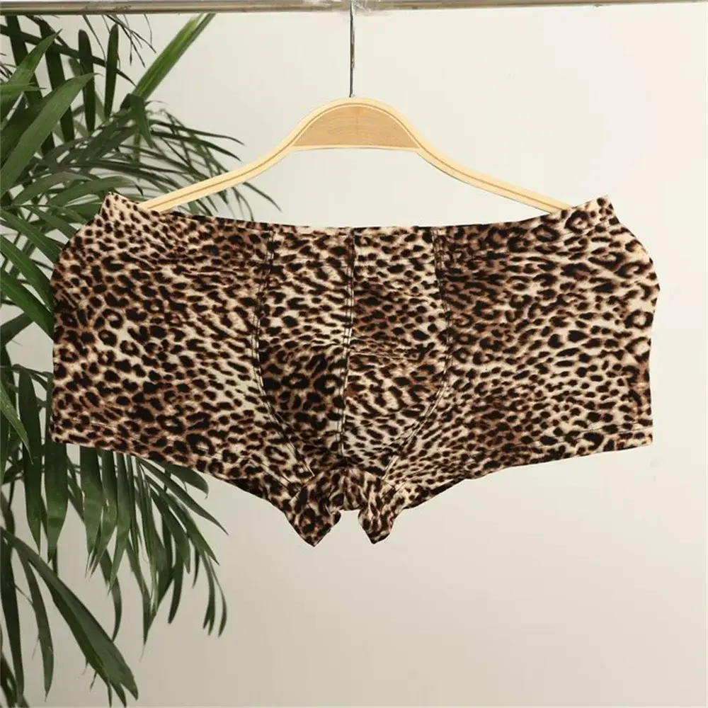 Men's Leopard Print Underwear Sexy Ice Silk Fabric Fashionable Boxers Personalized Male Trunk Shorts Plus Size