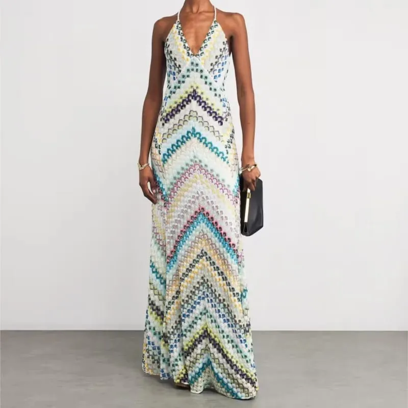 Spring Summer Female Boho Maxi Dresses Retro Sleeveless Women Holiday Long Skirt Sexy Deep V Neck Casual Party Dress Streetwear