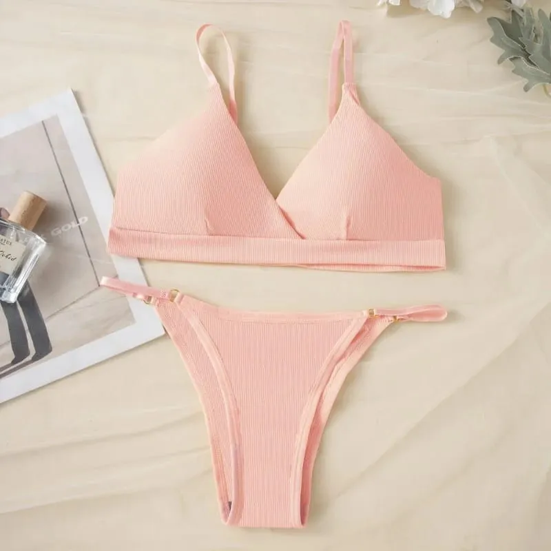 Women Ribbed Triangle Bra And Panties Set Wireless V Neck Thin Strap Bra Low Waist Briefs Ladies Removable Pads Lingerie Set