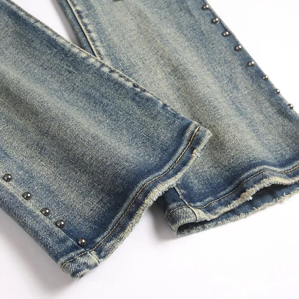 Men's Badge Patch Boot Cut Jeans Rivet Vintage Retro Blue Stretch Denim Pants Streetwear Slim Flared Trousers — image 5