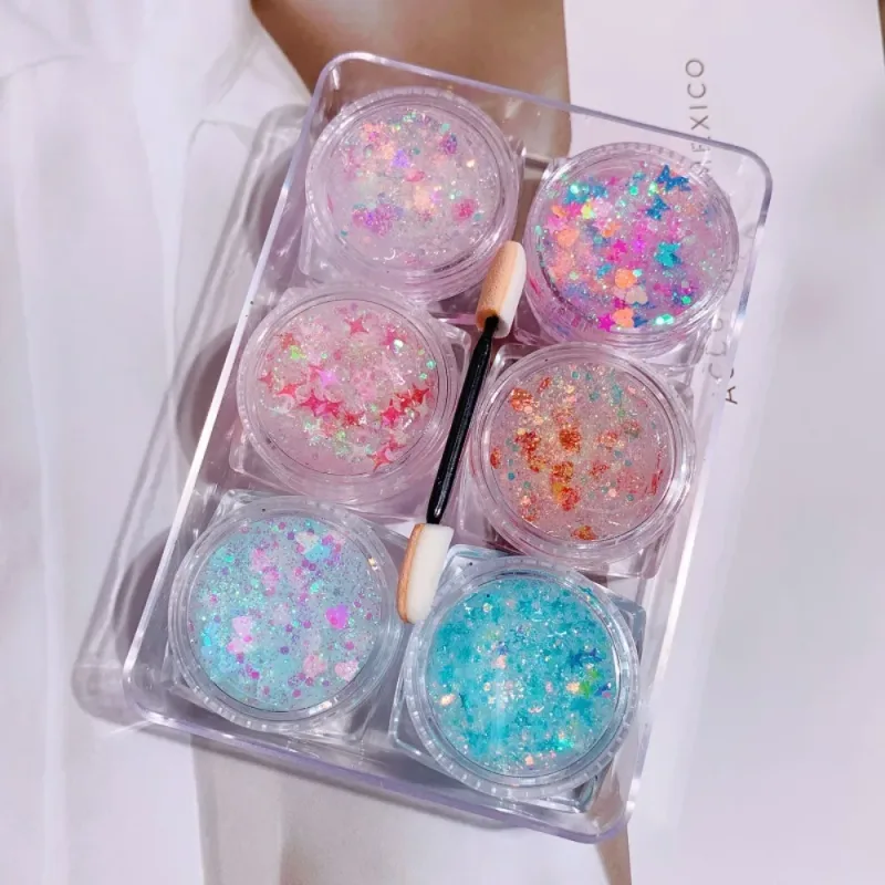 6Pcs/Set Sparkly Colorful Eye Glitter Gel Festival Glitter Face Hair Sequin Gel Cream Heart Star Moon Sequins