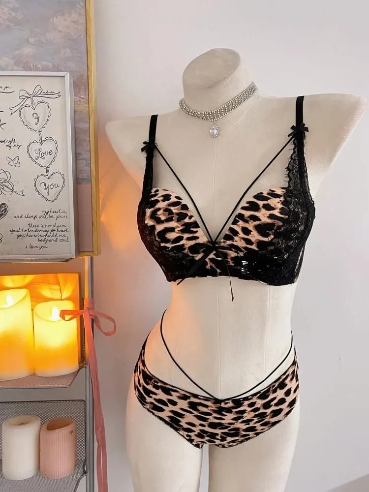 New Sexy Leopard Print Deep V Push Up Bra Lingerie Set for Women Small Bust Push Up Effect Anti Ptosis Daily Wear 32-38 Bra Set