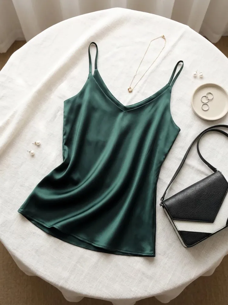 2026 Summer Spaghetti Strap Women Tank Top Halter V Neck Basic White Cami Sleeveless Satin Silk Tops Women'S Camisole