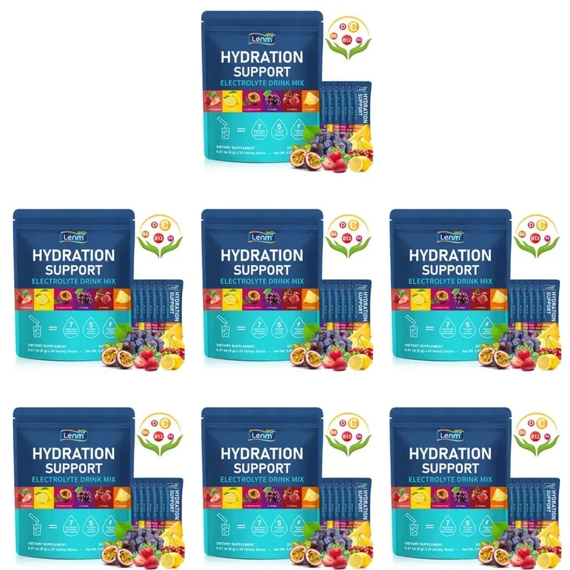 Lenm Electrolyte Drink Mix Powder with 7 Electrolytes and 5 Vitamins Sugar-Free Vegan Travel Hydration Support 24 Sticks