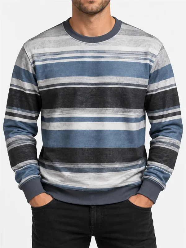 Moletom masculino listrado vintage, gola redonda, casual, manga comprida, pulôver, bloco de cores, outono, moda diária, top clássico