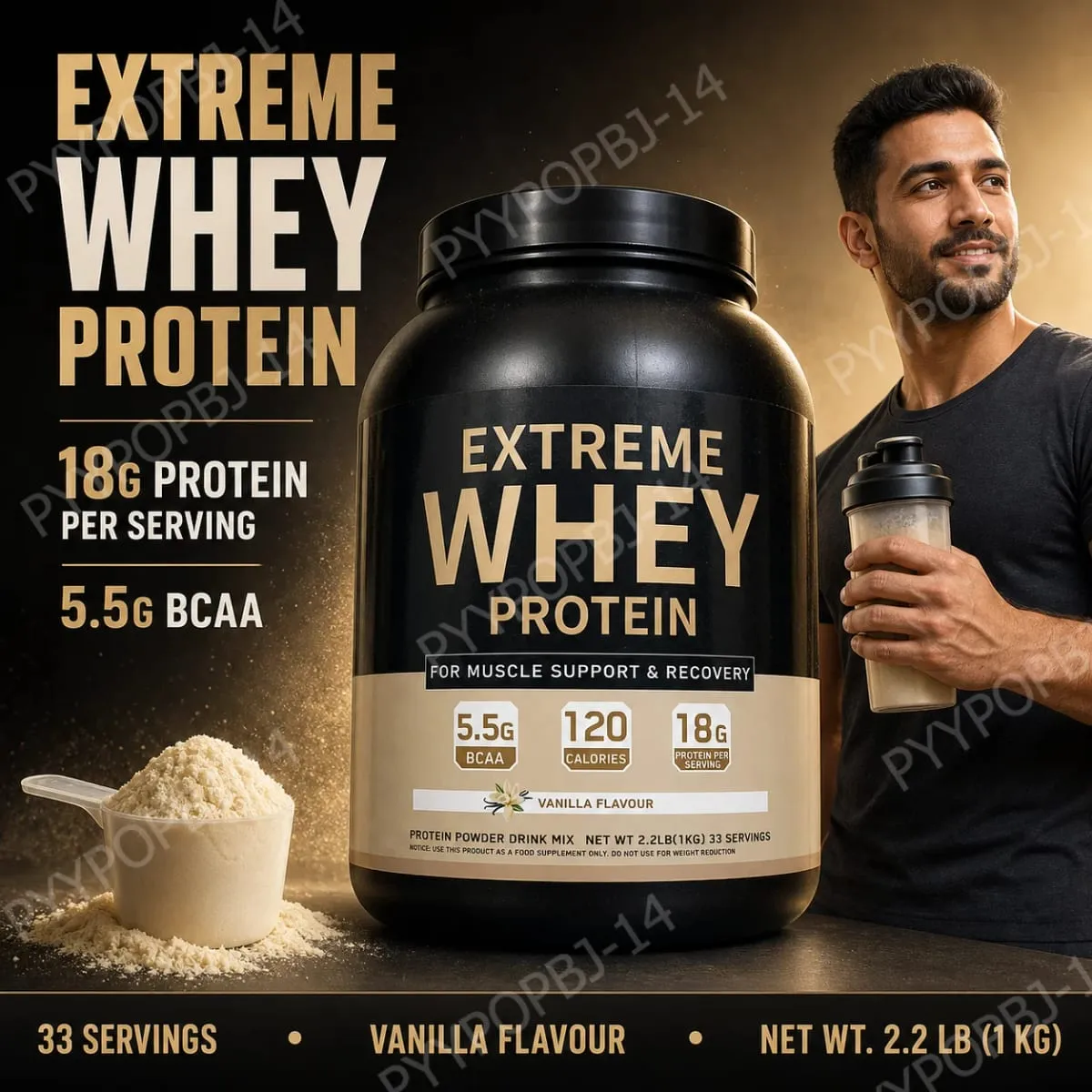 Whey Protein Powder 18g Protein 5.5g BCAA Vanilla Flavor for Muscle Support Recovery and Daily Sports Nutrition 33 Servings 1kg