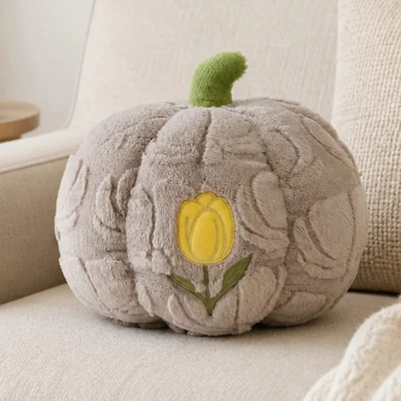 Cute Pumpkin Throw Pillow With Tulip Embroidery Soft Plush Pumpkin Shaped Cushion Pillow For Sofa Living Room Hallowmas Gifts