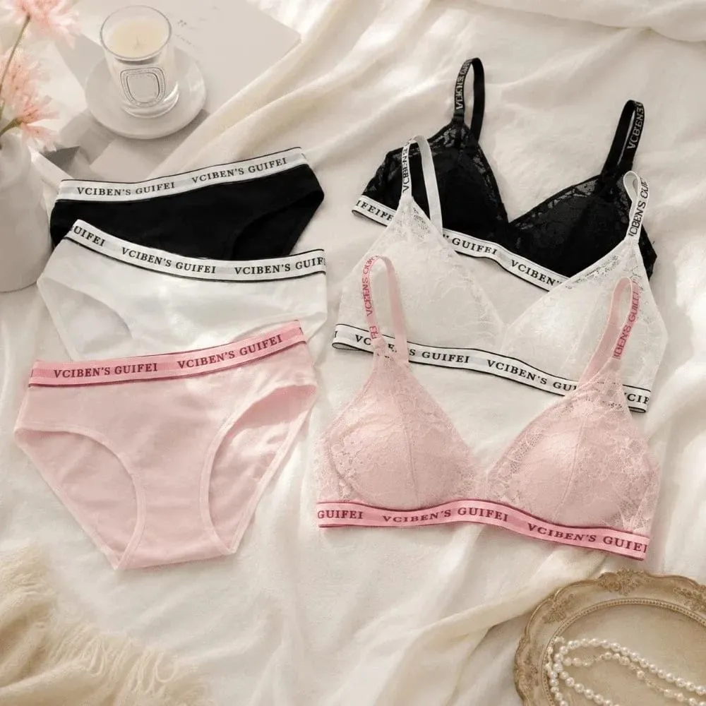 Fashion Letter Design Lingerie Set Deep V Wireless Women Underwear Suit Color Blocking Lace Bra Panties Set Gift