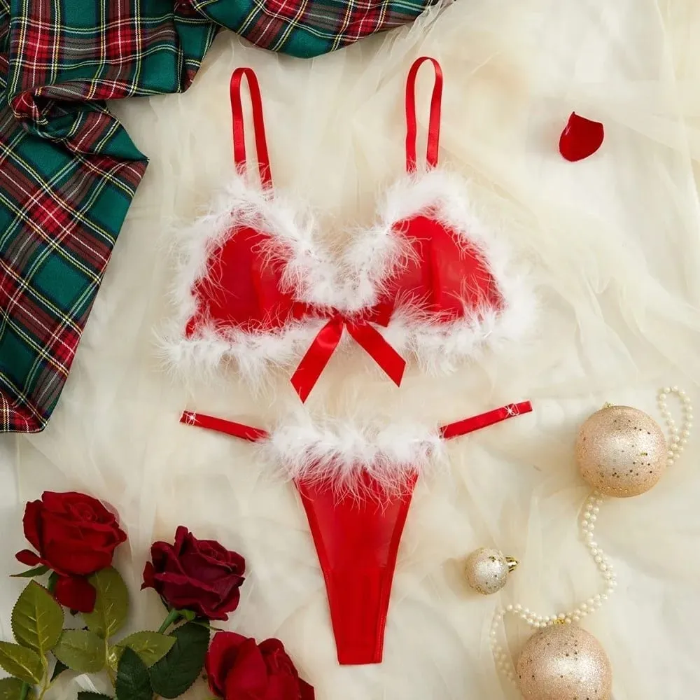 Christmas Furry Women's Underwear Mesh Transparent Bow Decor Lingerie Set Romantic Intimate Wireless Bra Panties Suit Christmas