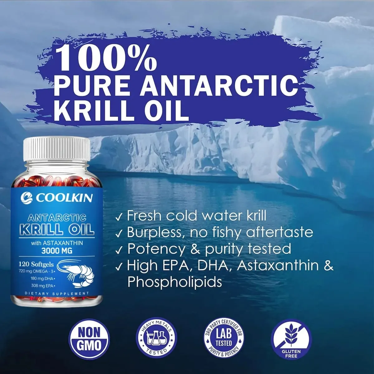 Antarctic Krill Oil 3000mg - with Omega-3 EPA DHA Astaxanthin and Phospholipids - Sustainable Dietary Supplement