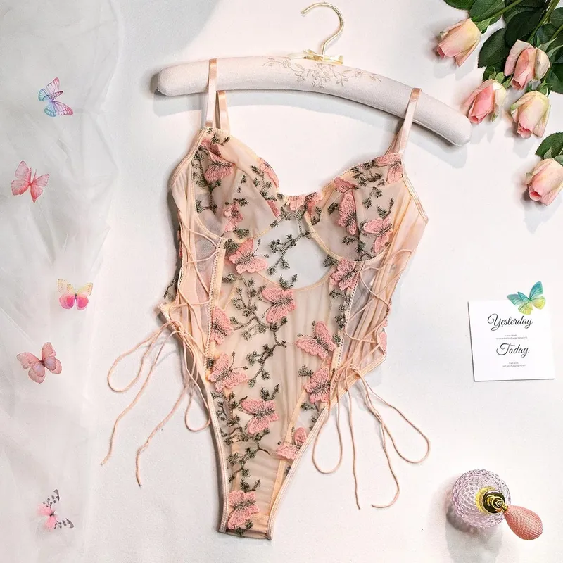 Hot Butterfly Embroidery Mesh Teddy Lace Up V Neck Backless ThongBodysuit Women's Sexy Lingerie & Underwear